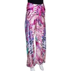Pre Owned Roberto Cavalli Pink Abstract Printed Silk Elasticised Waist Pants L