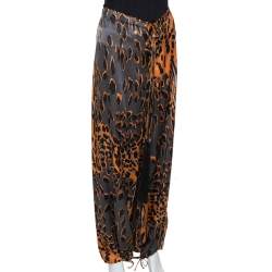 Pre Owned Roberto Cavalli Orange & Graphite Leopard Printed Silk Pants M