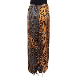 Pre Owned Roberto Cavalli Orange & Graphite Leopard Printed Silk Pants M