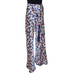 Pre Owned Roberto Cavalli Navy Blue Floral Printed Silk Pants L 
