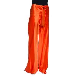 مملوكة مسبقًا بنطلون روبرتو كافالي حرير برتقالي وسط مطاطي مقاس متوسط (ميديوم)