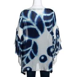 Pre Owned Roberto Cavalli Navy Blue & White Printed Silk Boat Neck Top L