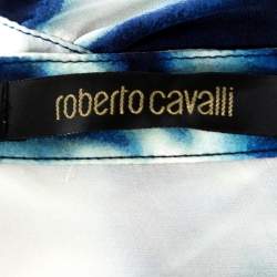 Pre Owned Roberto Cavalli Navy Blue & White Printed Silk Boat Neck Top L