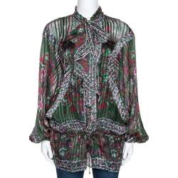 Roberto Cavalli Green & Fuschia Floral Printed Silk Jacquard Blouse M 