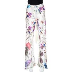 Roberto Cavalli Cream Floral Printed Silk Flared Pants M