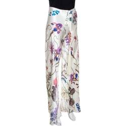 Pre Owned Roberto Cavalli Cream Floral Printed Silk Flared Pants M