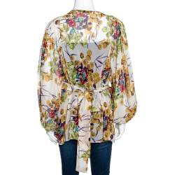 Pre Owned Roberto Cavalli Multicolor Silk Georgette Floral Print Faux Wrap Blouse M