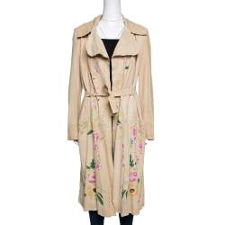 Pre Owned Roberto Cavalli Beige Suede Floral Painted Effect Belted Mid Length Coat M