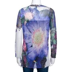 Pre Owned Roberto Cavalli Blue Printed Lurex Knit Sheer Top M