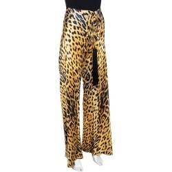 مملوكة مسبقًا Roberto Cavalli Yellow Leopard Print Silk Flared Pants L