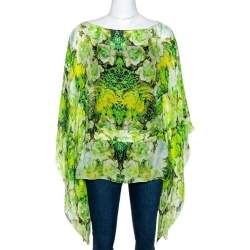 Pre Owned توب قفطان روبرتو كافالي حزام حرير طباعة تجريدية أخضر M