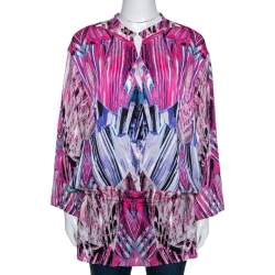 Pre Owned Robert Cavalli Pink Printed Stretch Silk Tunic Top M