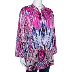 Pre Owned Robert Cavalli Pink Printed Stretch Silk Tunic Top M
