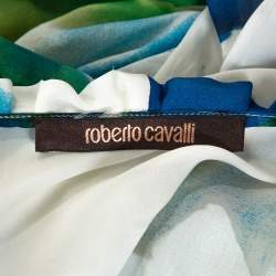 مملوكة مسبقًا Roberto Cavalli Blue Printed Silk Gathered Sleeve Sheer Blouse M