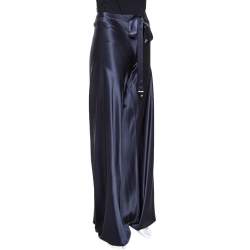 Pre Owned Roberto Cavalli Navy Blue Silk Satin Wide Leg Pants L