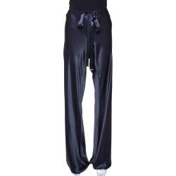 Pre Owned Roberto Cavalli Navy Blue Silk Satin Wide Leg Pants L