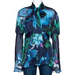 Pre Owned بلوزة روبرتو كافالي حرير بطيات أزرق كحلي مورد مقاس متوسط (ميديوك)