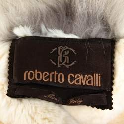 Pre Owned Roberto Cavalli Cream Floral Print Leather Fur Lined Coat L