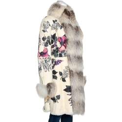 Pre Owned Roberto Cavalli Cream Floral Print Leather Fur Lined Coat L