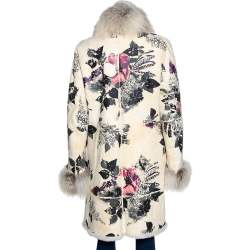 Pre Owned Roberto Cavalli Cream Floral Print Leather Fur Lined Coat L