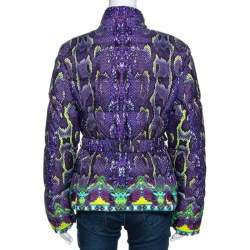 Roberto Cavalli Purple Snakeskin Print Belted Puffer Jacket L 