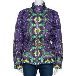 Roberto Cavalli Purple Snakeskin Print Belted Puffer Jacket L 