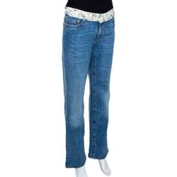Pre Owned Roberto Cavalli Blue Denim & Silk Waist Trim Detail Straight Leg Jeans L