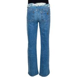 Pre Owned Roberto Cavalli Blue Denim & Silk Waist Trim Detail Straight Leg Jeans L