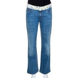Pre Owned Roberto Cavalli Blue Denim & Silk Waist Trim Detail Straight Leg Jeans L