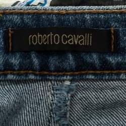 Pre Owned Roberto Cavalli Blue Denim & Silk Waist Trim Detail Straight Leg Jeans L