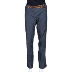 Pre Owned Roberto Cavalli Indigo Stretch Cotton Leopard Print Trim Pants L