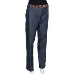 Pre Owned Roberto Cavalli Indigo Stretch Cotton Leopard Print Trim Pants L