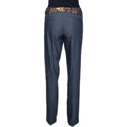 Pre Owned Roberto Cavalli Indigo Stretch Cotton Leopard Print Trim Pants L