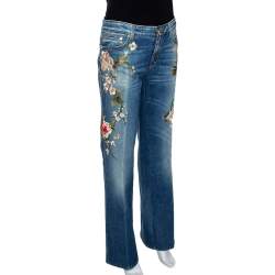 Pre Owned Roberto Cavalli Blue Floral Embroidered Denim Flared Jeans L