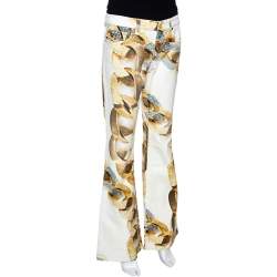 Pre Owned Roberto Cavalli Cream Jewel Printed Denim Flared Jeans L 