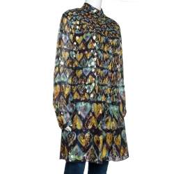 Pre Owned Roberto Cavalli Multicolor Printed Silk Lurex Detail Pleated Tunic L