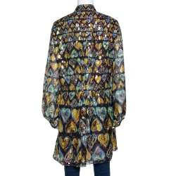 Pre Owned Roberto Cavalli Multicolor Printed Silk Lurex Detail Pleated Tunic L
