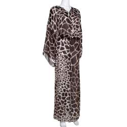 Pre Owned Roberto Cavalli Brown Printed Silk Front Slit Detail Sheer Maxi Kaftan L