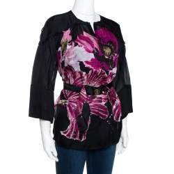 Pre Owned Roberto Cavalli Black Printed Silk Belt Detail Sheer Blouse M