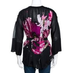 Pre Owned Roberto Cavalli Black Printed Silk Belt Detail Sheer Blouse M
