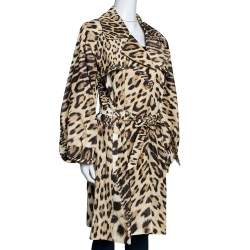 Pre Owned Roberto Cavalli Beige Leopard Printed Cotton Blend Belted Trench Coat M