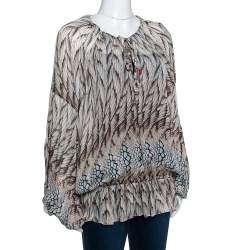 Pre Owned Roberto Cavalli Multicolor Feather Printed Silk Gypsy Blouse L
