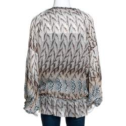 Pre Owned Roberto Cavalli Multicolor Feather Printed Silk Gypsy Blouse L