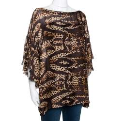 Pre Owned Roberto Cavalli Brown Animal Printed Silk Boat Neck Top M