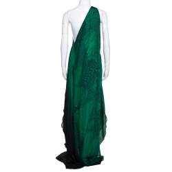 Pre Owned قفطان روبرتو كافالي ديرابيه طويل ماكسي حرير مطبوع مزخرف أجنحة أخضر وسط (ميديوم)