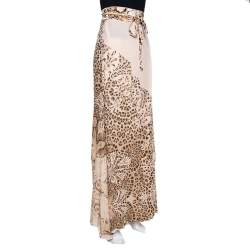 مملوكة مسبقًا Roberto Cavalli Cream Animal Print Silk Pleated Faux Wrap Skirt L