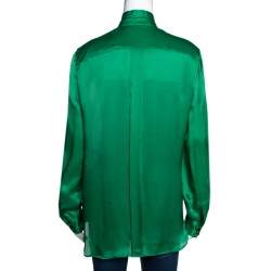 Pre Owned Roberto Cavalli Green Silk Neck Tie Detail Long Sleeve Blouse M