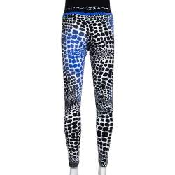 Pre Owned Roberto Cavalli Black & Blue Animal Print Stretch Knit Leggings L