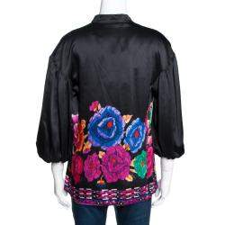 Pre Owned Roberto Cavalli Black Floral Printed Silk Balloon Sleeve Blouse M