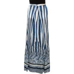 Pre Owned Roberto Cavalli Blue Abstract Stripe Printed Silk Flared Maxi Skirt L 